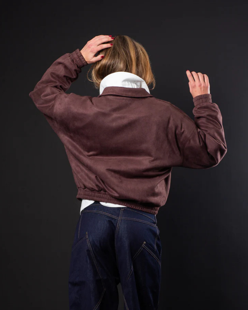 Brown Faux Suede Zip-Up Bomber Jacket with Elasticated Hem