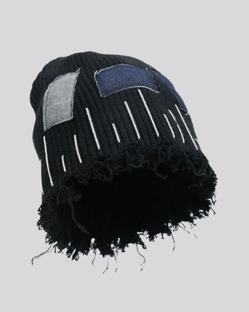 Distressed Ribbed Knit Beanie with Denim Patchwork and Exposed Stitching
