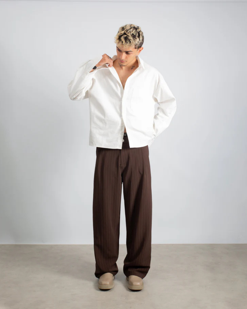 Men’s Wide-Leg Pinstripe Trousers with Elasticated Waist