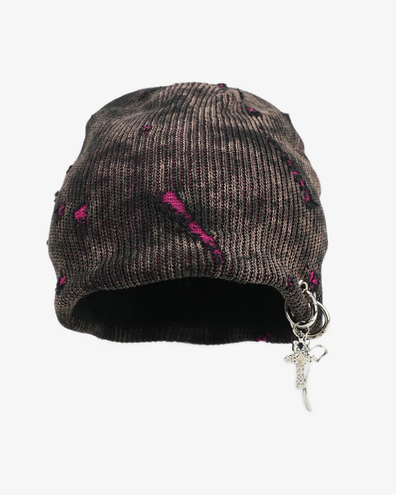 Distressed Knit Beanie with Metallic Charms and Contrast Details