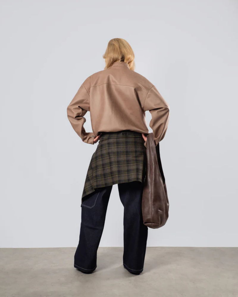 Women’s Cropped Vegan Leather Jacket with Pointed Collar – Tobacco