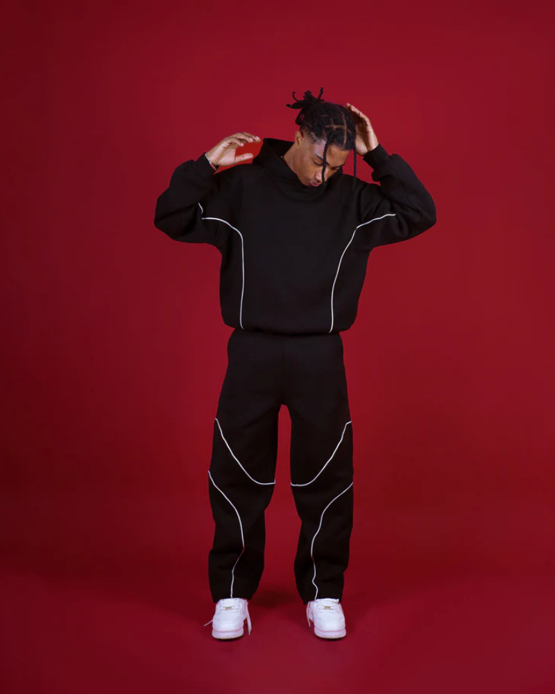 Black Relaxed-Fit Trousers with White Contrast Piping and Elastic Waist