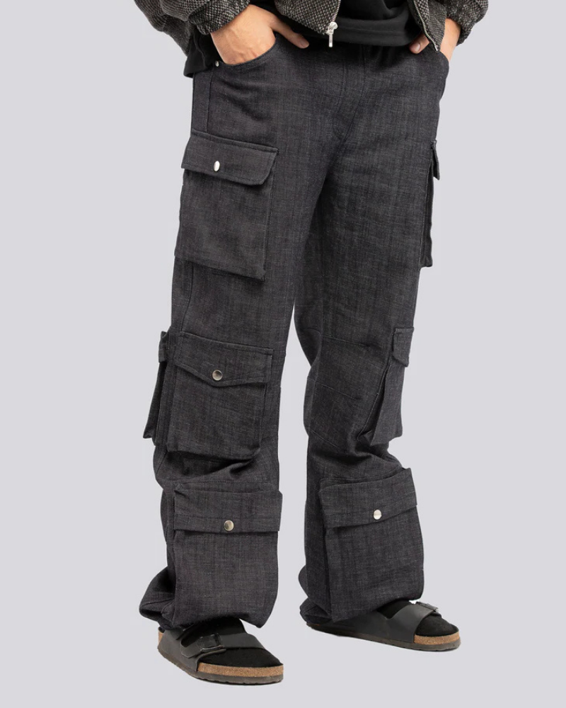 Dark Gray Denim Combat Cargo Pants with Elastic Waist and Multi-Pocket Design
