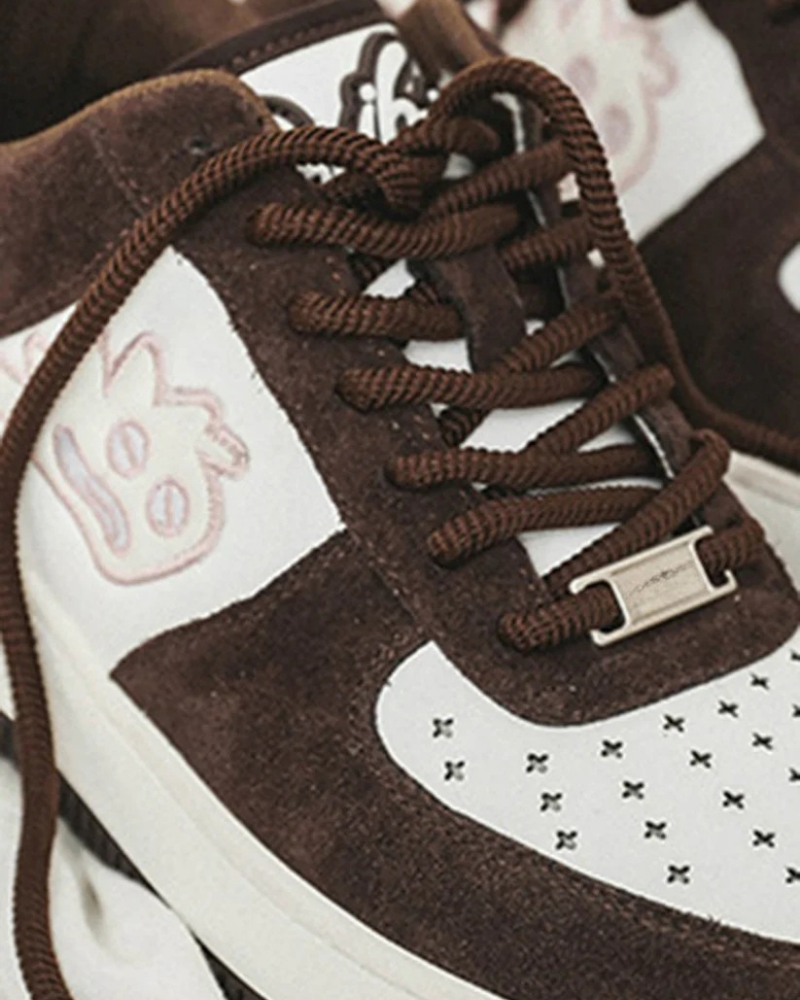 Dark Brown and White Low-Top Sneakers with Rope Laces and Embroidered Graphic