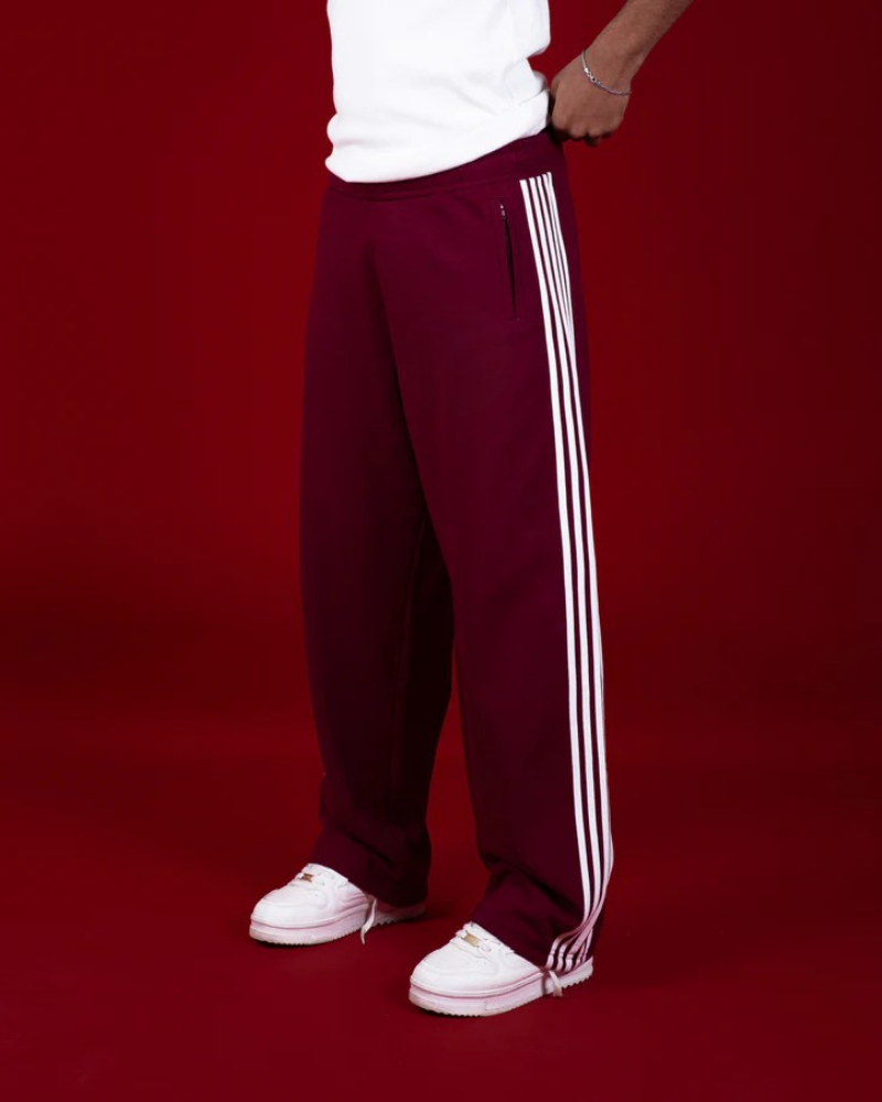 Unisex Wide-Leg Side-Stripe Track Pants - Burgundy