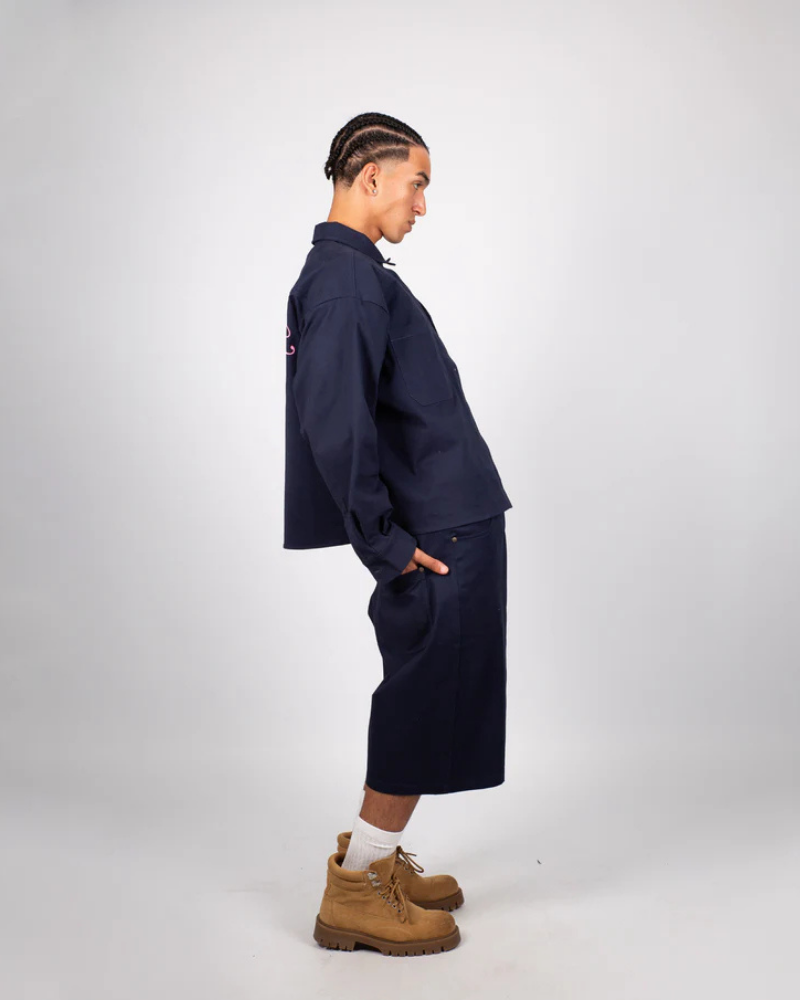 Navy Blue Straight-Leg Shorts with Five-Pocket Styling and Metallic Hardware