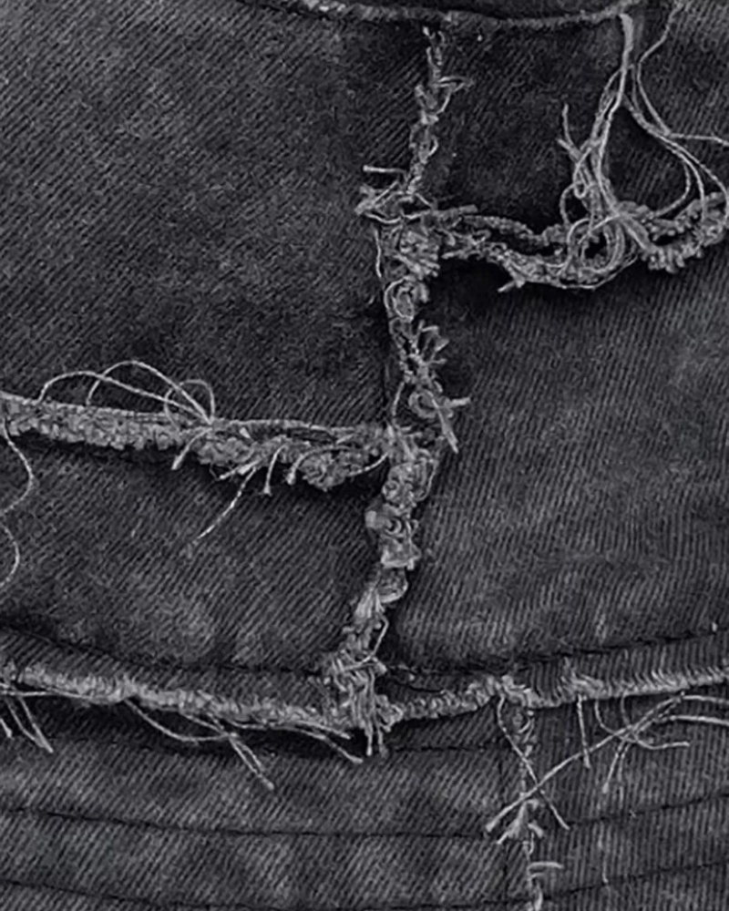 Black Ripped Denim Bucket Hat with Raw Frayed Edges