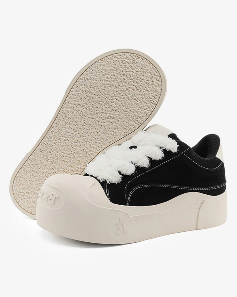 Black Suede-Textured Platform Sneakers with Exaggerated Bulbous Toe and Fluffy Laces