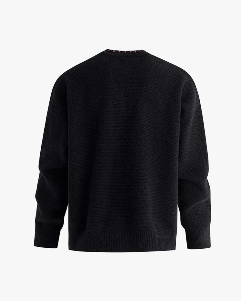 Black Textured Knit Cardigan with Diamond Patchwork and Fringe Details