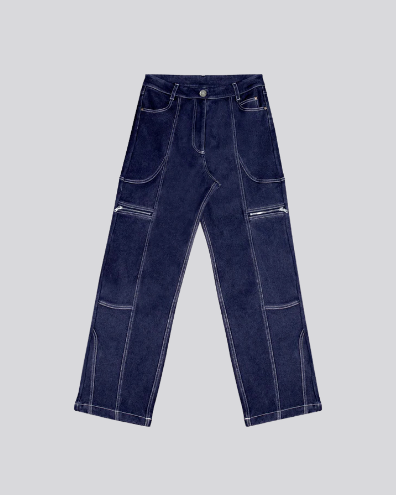 Heavyweight Dark Blue Denim Wide Leg Pants with Contrast Stitching and Zipper Pockets