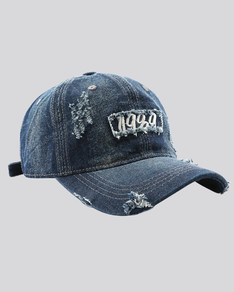 Distressed Denim Baseball Cap with 1989 Embroidered Patch