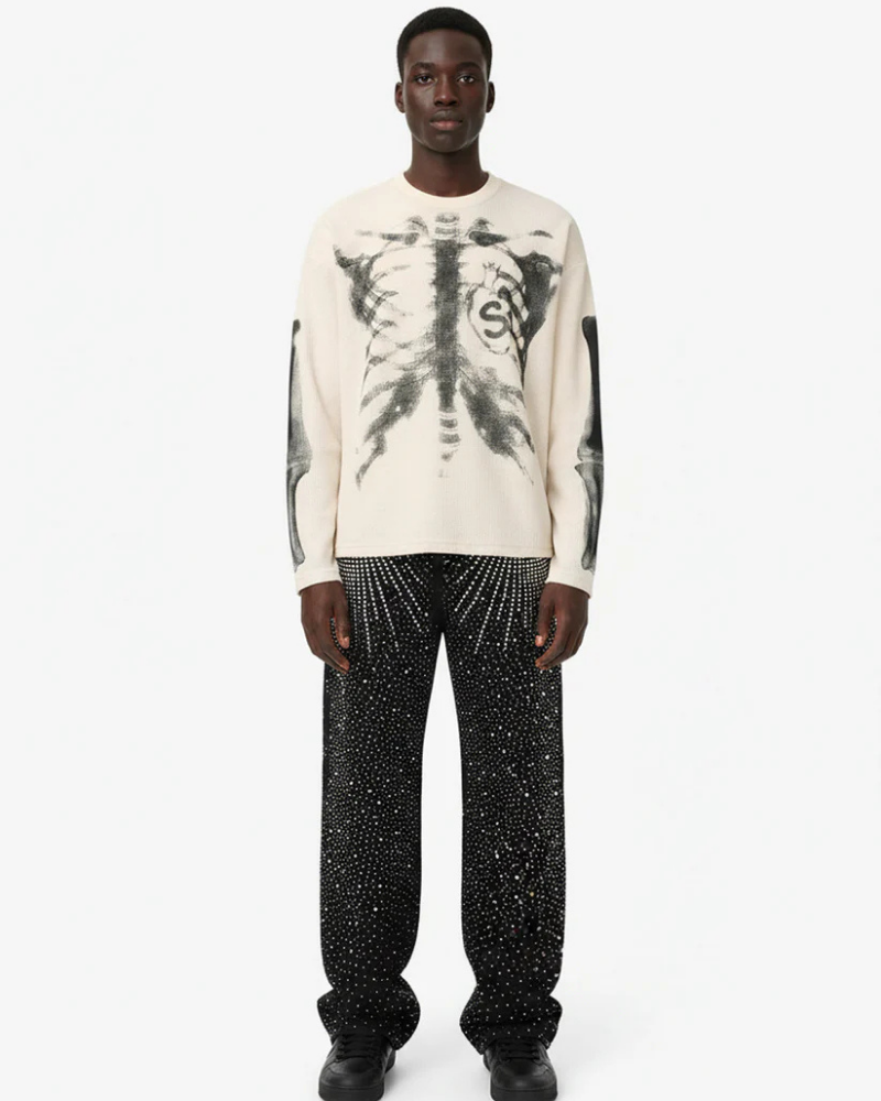 Beige Waffle Knit Long-Sleeve Sweater with Skeleton Ribcage Graphic