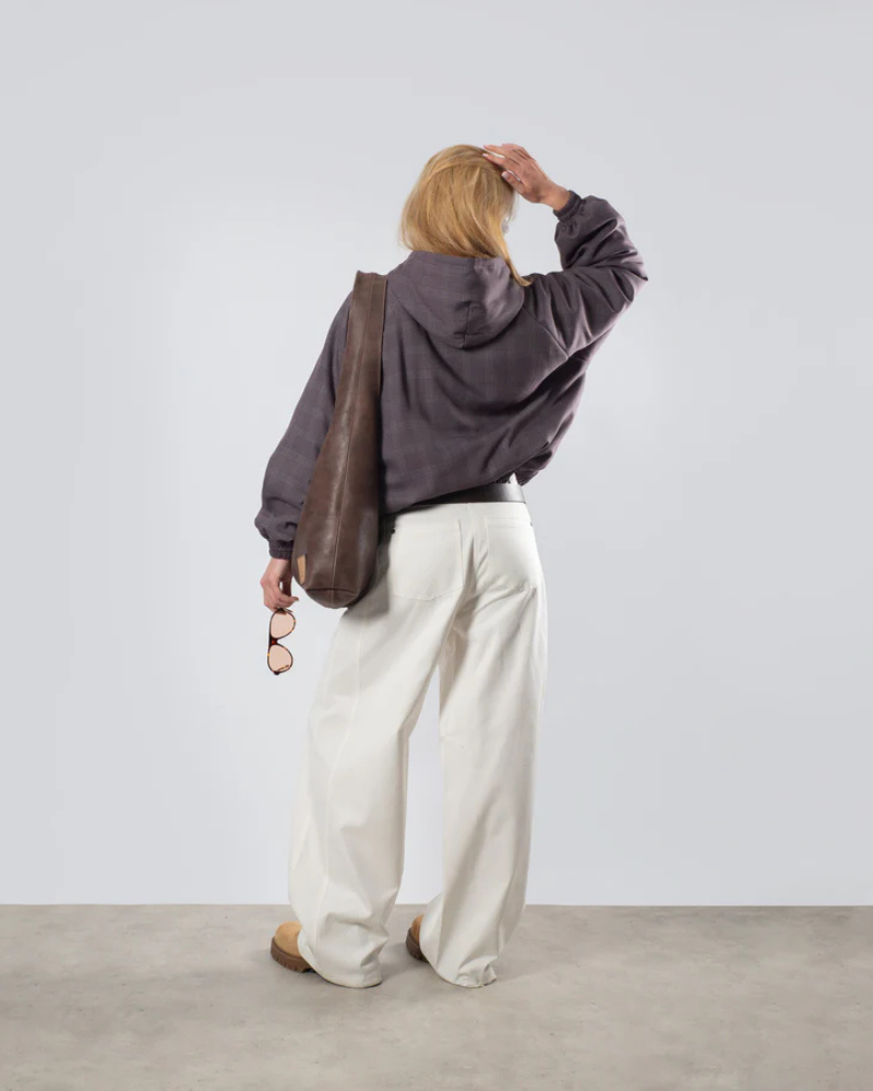 Women's Dark Gray Tartan Hooded Jacket with Full-Zip Front