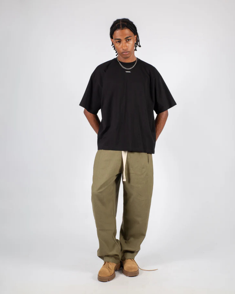 Olive Green Wide-Leg Trousers with Elastic Waist and Contrast Drawstring