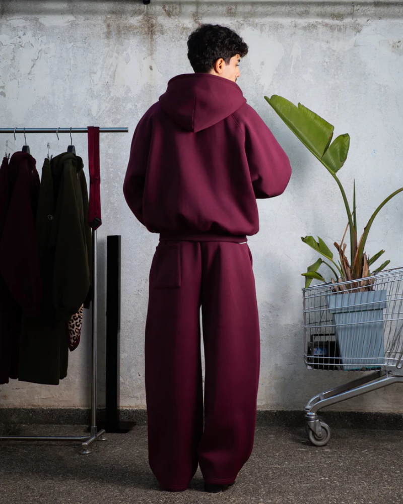 Men’s Burgundy Raglan Zip-Up Hoodie with Kangaroo Pockets