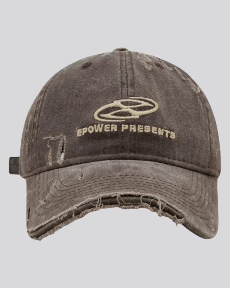 Distressed Washed Baseball Cap with Embroidered Graphic and Ripped Brim