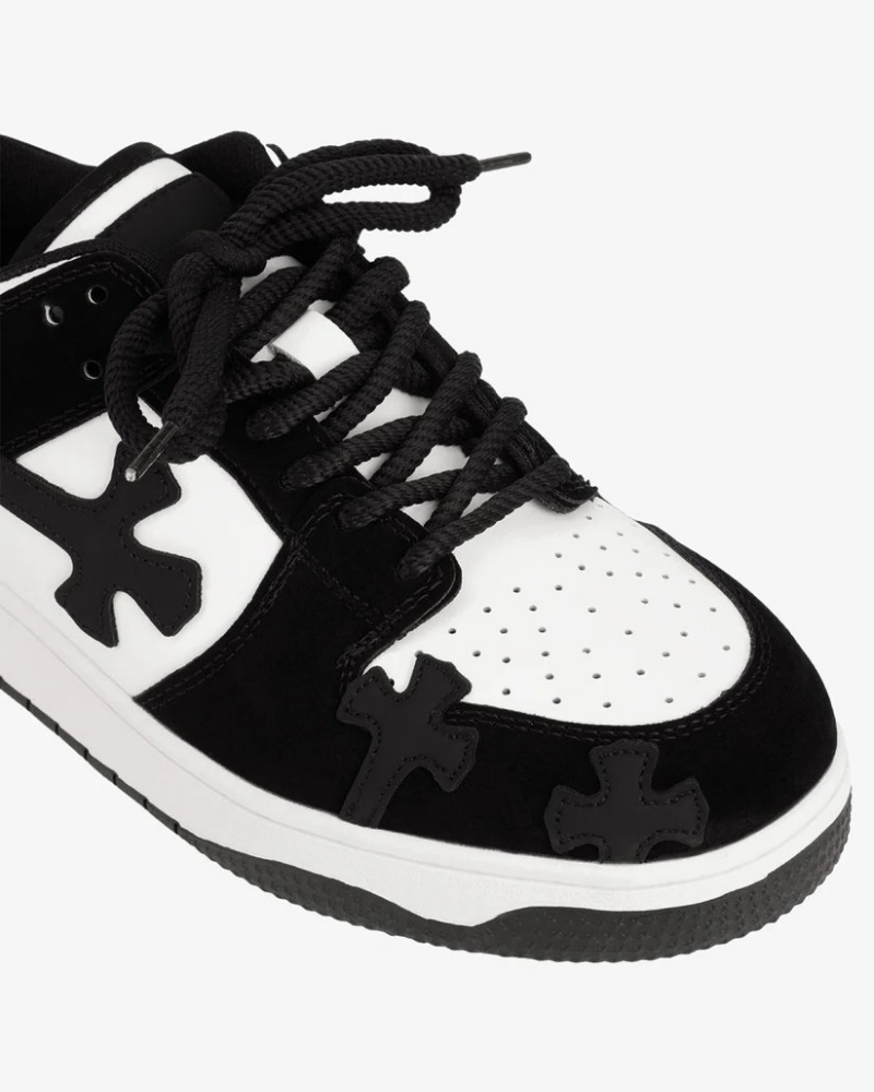 Black and White Low-Top Sneakers with Cross Applique Details
