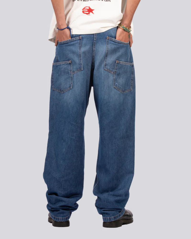 Blue Denim Wide Leg Jeans with Five-Pocket Design and Metal Button Closure