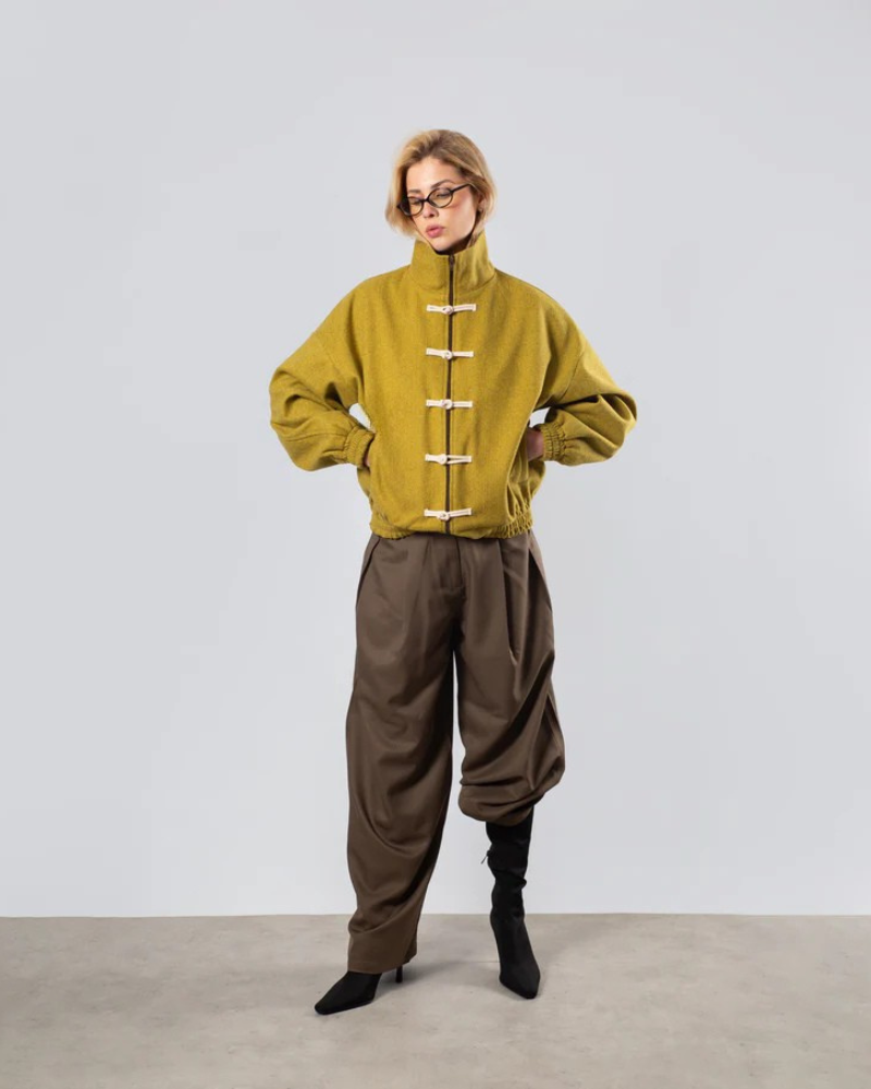 Women’s High-Neck Zip Jacket - Mustard Yellow - Wool Blend Outerwear