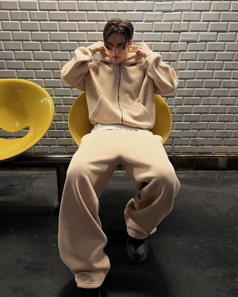 Beige Full-Zip Hooded Sweatshirt with Embroidered Chest Logo