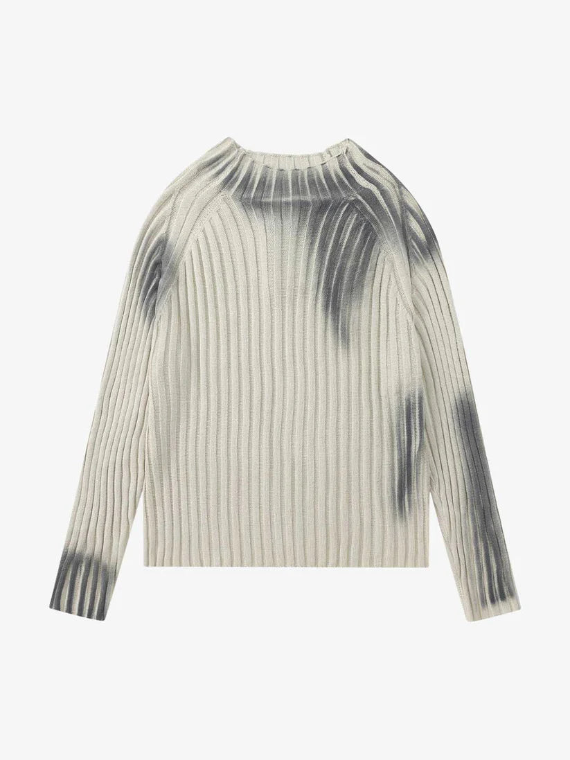 Long Sleeve Ribbed Knit Crew Neck Sweater with Grey Spray Print Detail
