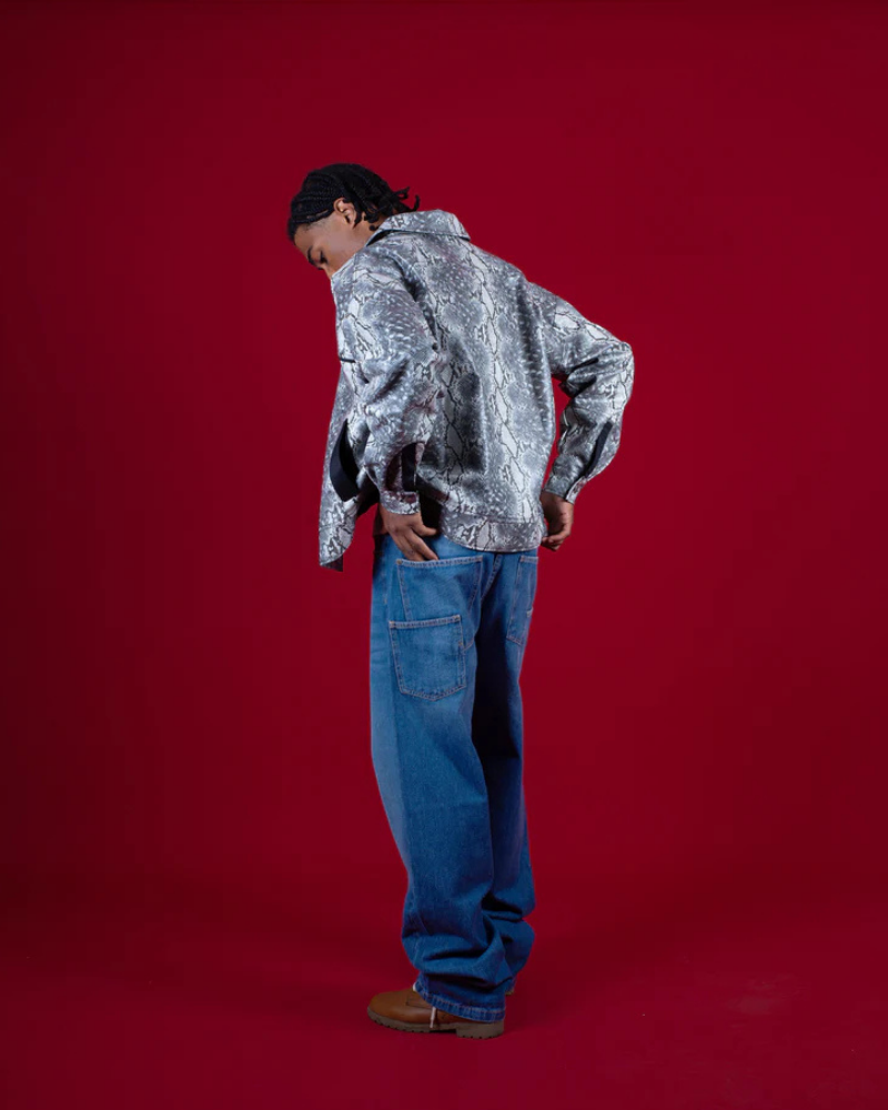 Snakeskin Pattern Vegan Leather Jacket with Contrast Piping and Front Pockets