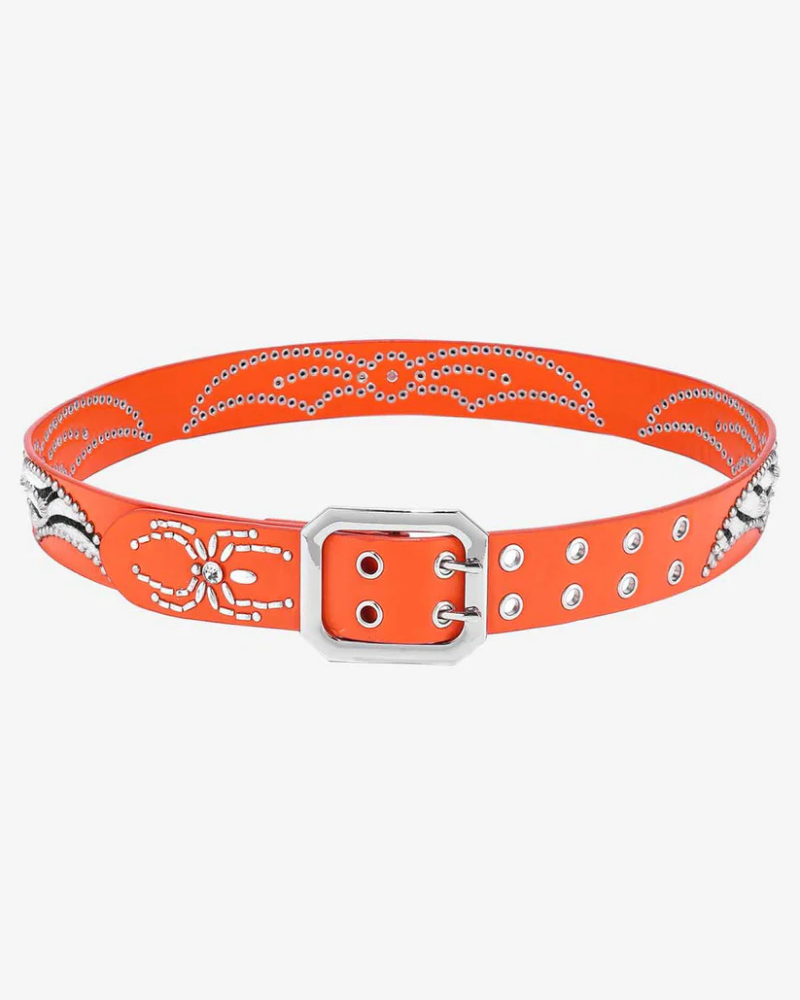Orange Wide Belt with Zebra Print Panels and Crystal Spider Studs