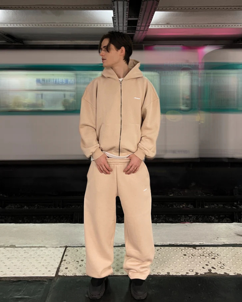 Beige Full-Zip Hooded Sweatshirt with Embroidered Chest Logo