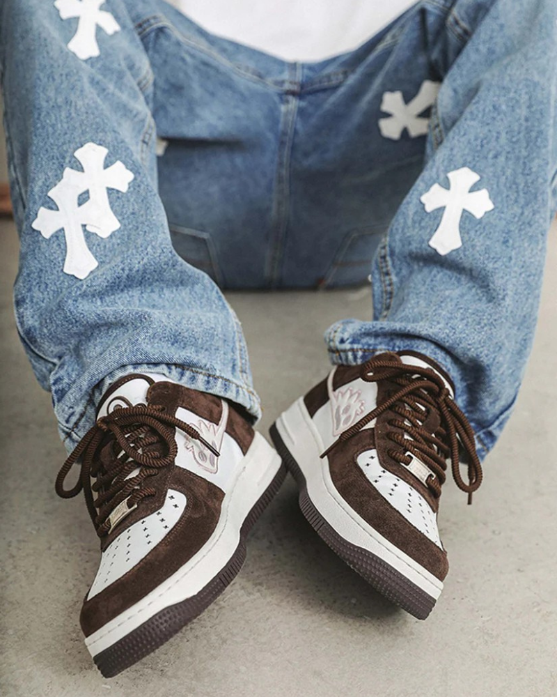 Dark Brown and White Low-Top Sneakers with Rope Laces and Embroidered Graphic