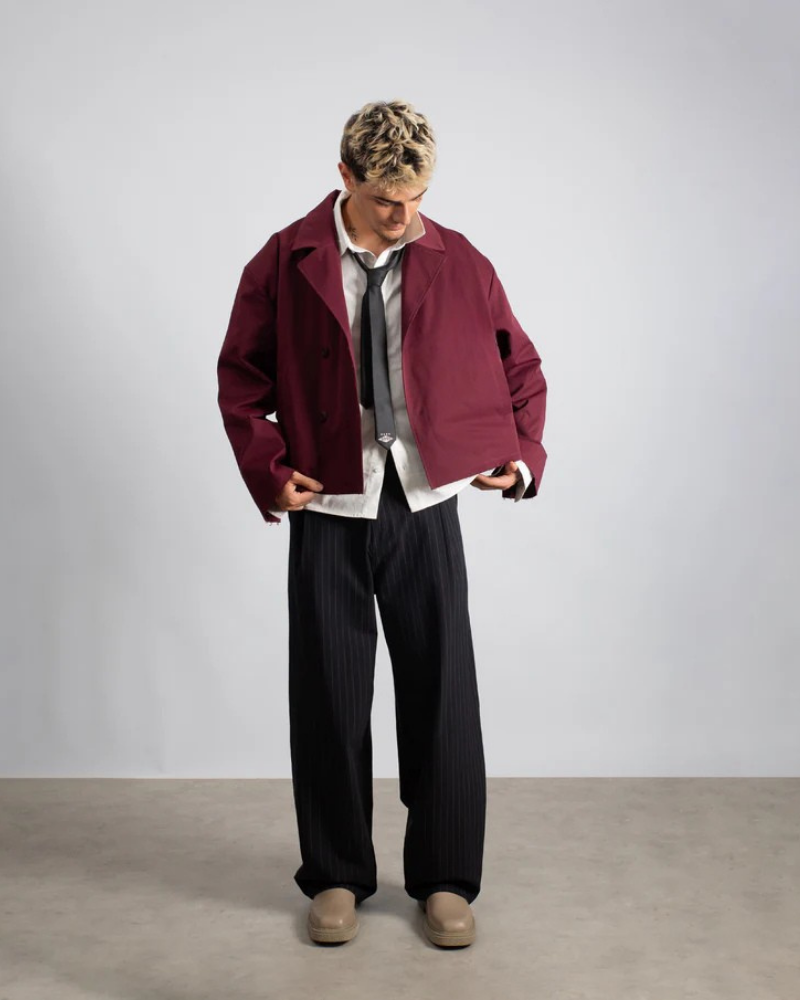 Maroon Cropped Trench Coat with Raw Hem and Double-Button Closure