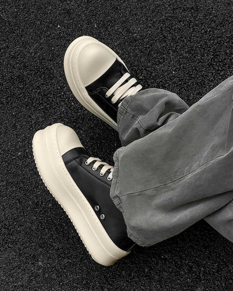 Black Low-Top Chunky Platform Sneakers with Cream Bulbous Toe Cap