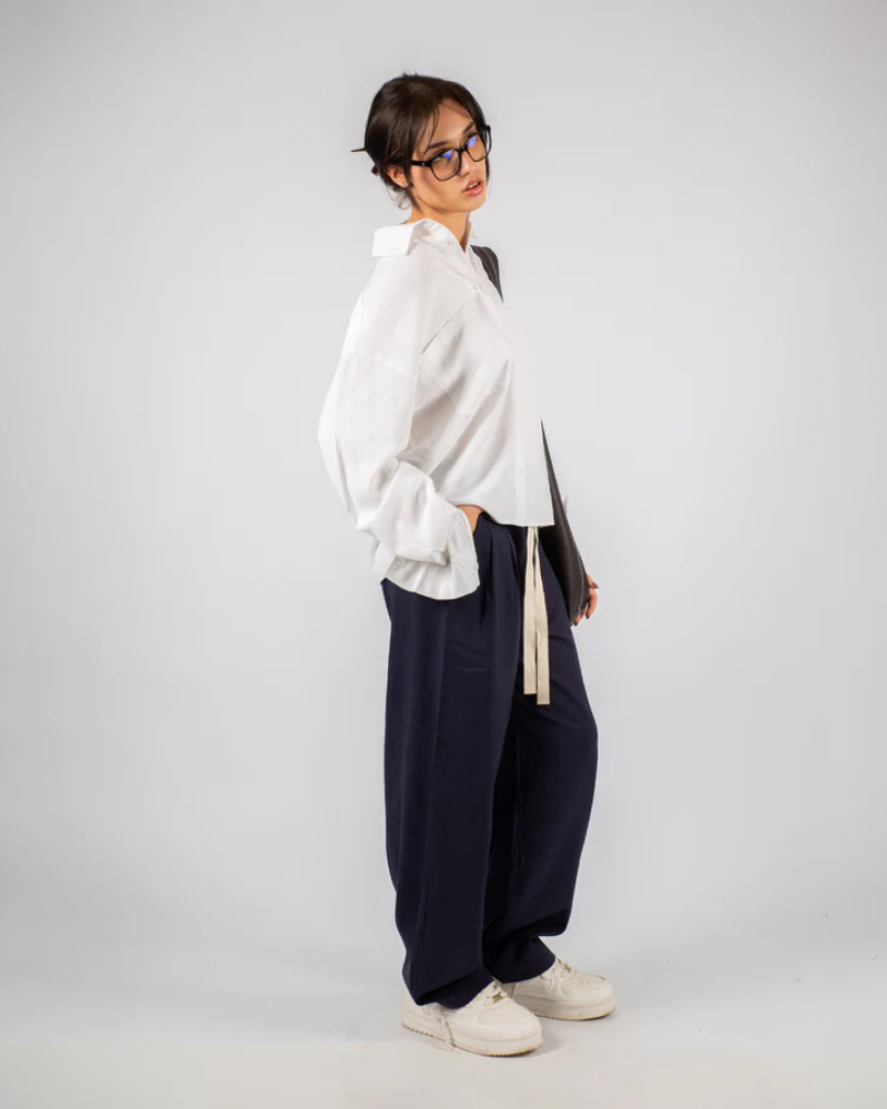Navy Blue Wide-Leg Trousers with Elastic Waist and Contrast Drawstring