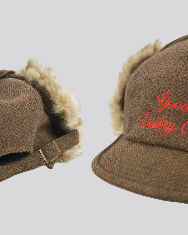 Brown Herringbone Tweed Cap with Faux Fur Ear Flaps and Embroidery
