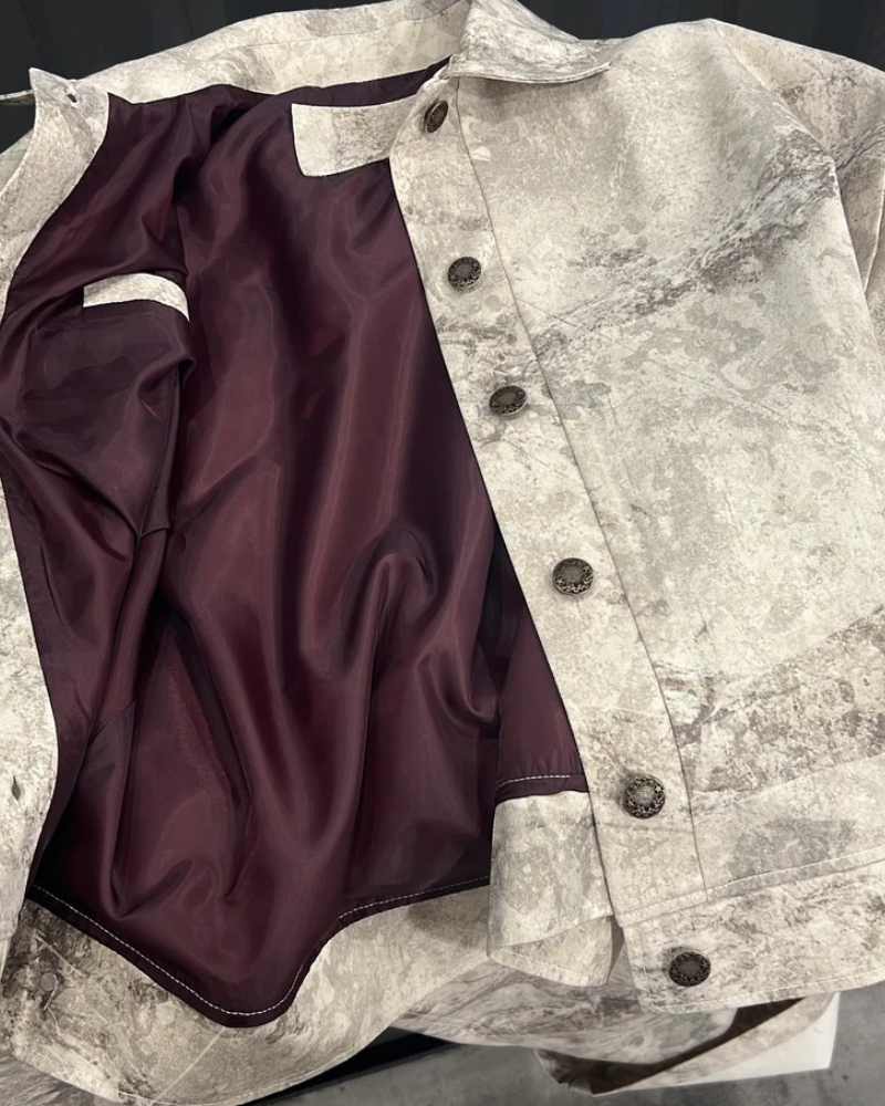 Unisex Sand Moss Camouflage Patterned Jacket with Full Button Front