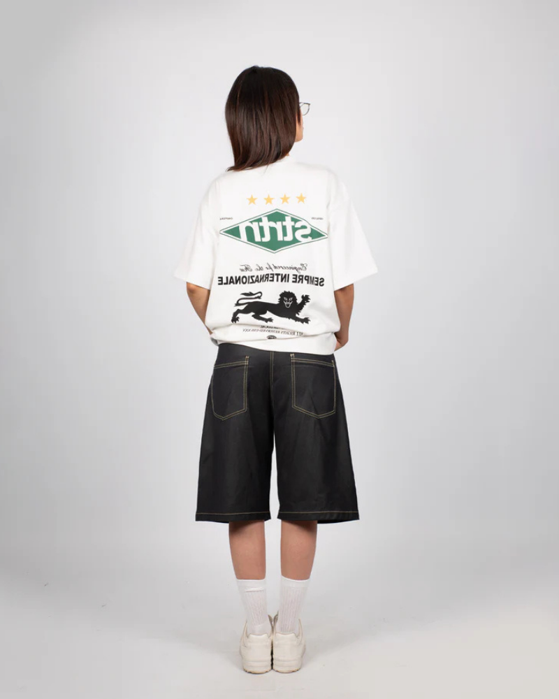 Black Straight-Leg Shorts with Contrast Yellow Stitching and Five-Pocket Design