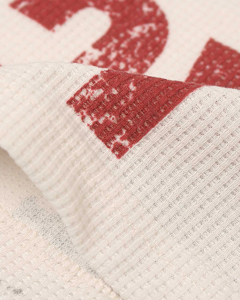 Beige Waffle Knit Crewneck Sweatshirt with Vintage Emblem Graphic