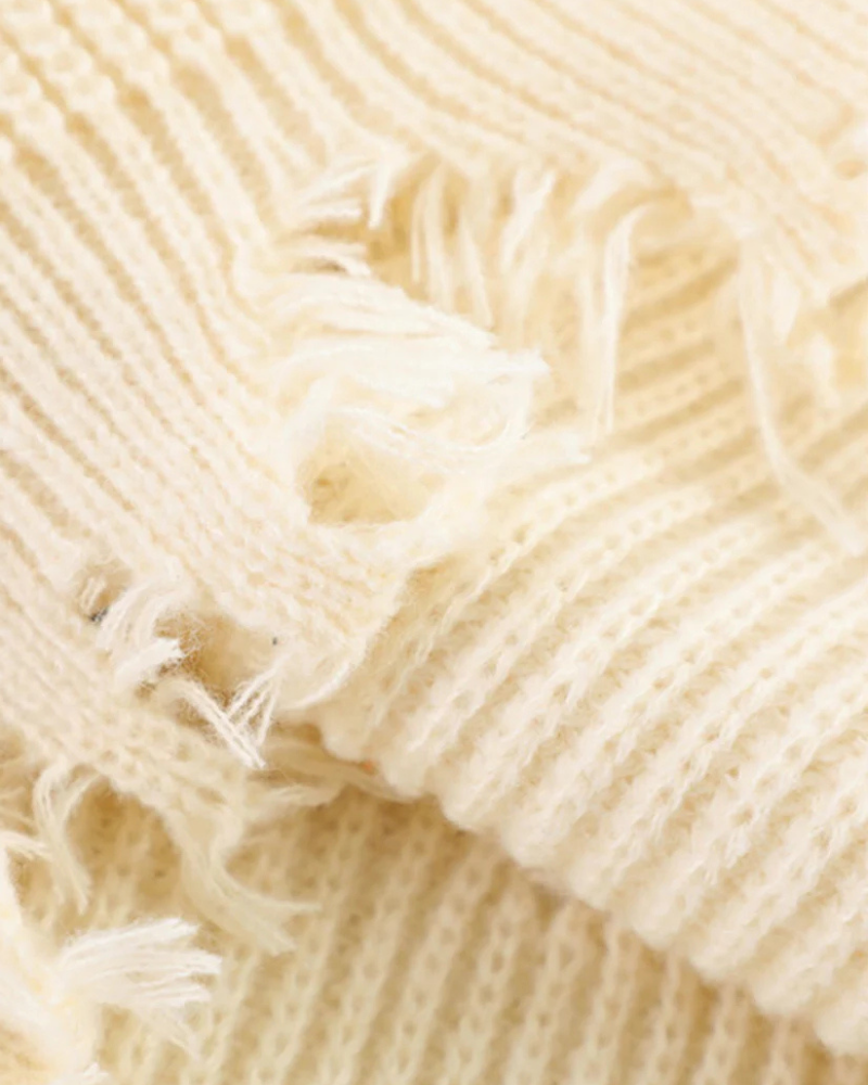Distressed Cable Knit Polo Sweater with Open Stitch Detail
