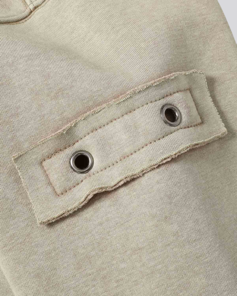 Beige Washed Zip-Up Hoodie with Utility Grommets and Distressed Seams