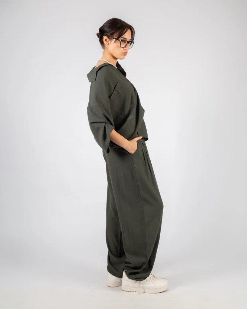 Olive Green Wide-Leg Trousers with Elastic Waist and Contrast Drawstring