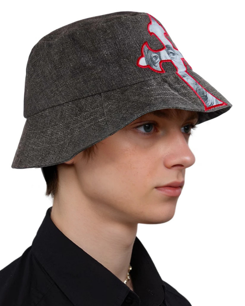 Denim Bucket Hat with Cross Applique and Portrait Detail