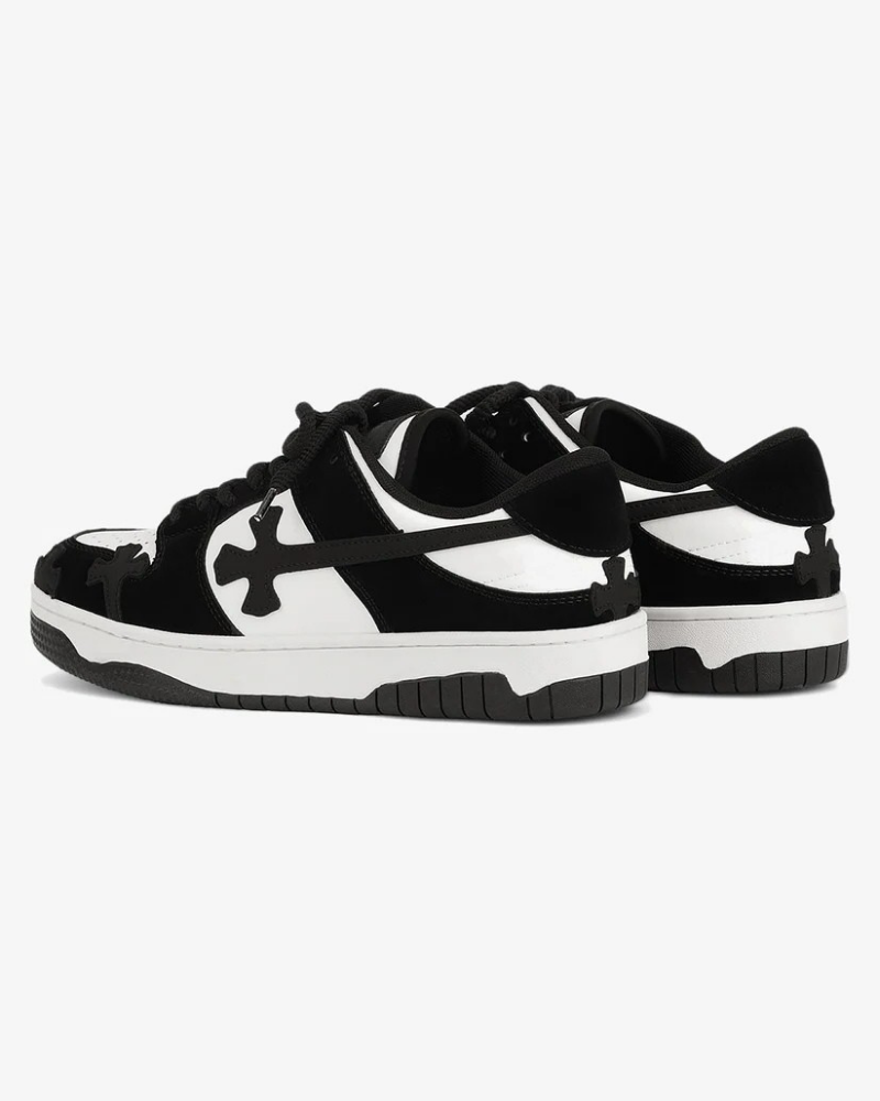 Black and White Low-Top Sneakers with Cross Applique Details