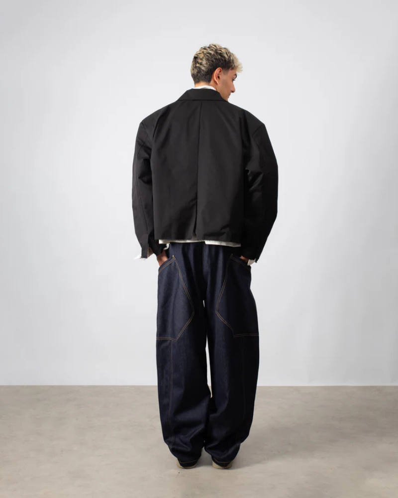 Black Cropped Trench Coat with Raw Hem and Double-Button Closure