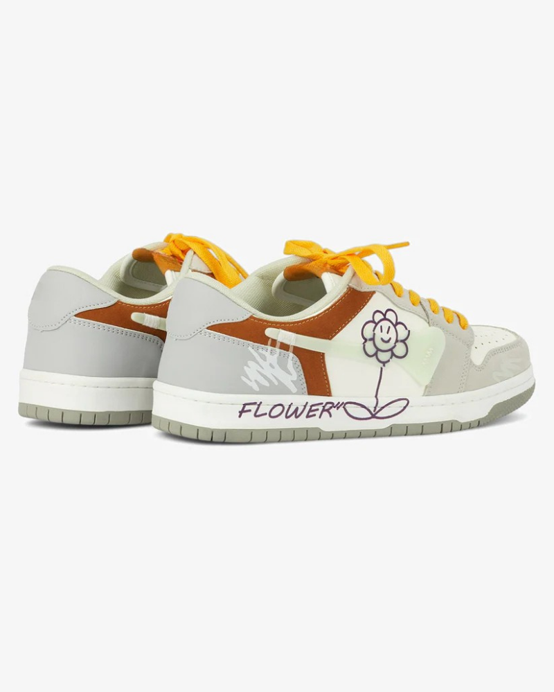 White and Grey Low-Top Sneakers with Purple Flower Graphic and Yellow Laces