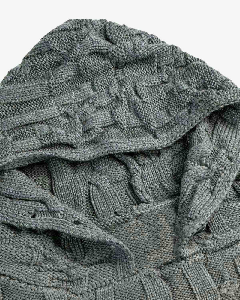 Grey Asymmetric Irregular Knit Hooded Sweater with Button Placket