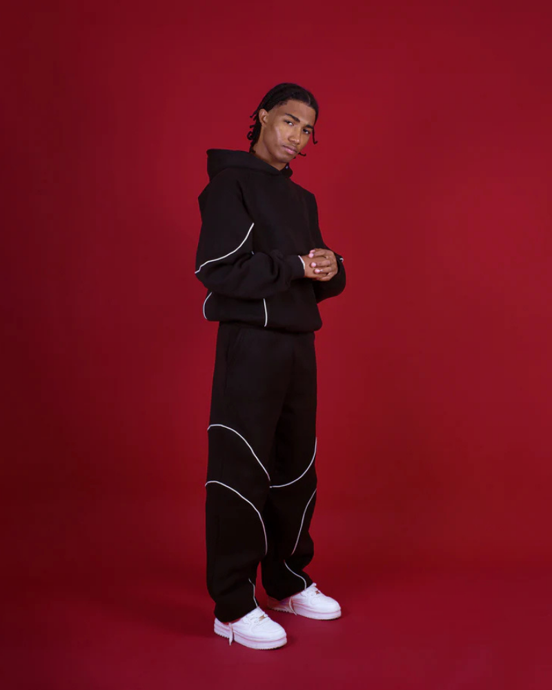 Black Relaxed-Fit Trousers with White Contrast Piping and Elastic Waist