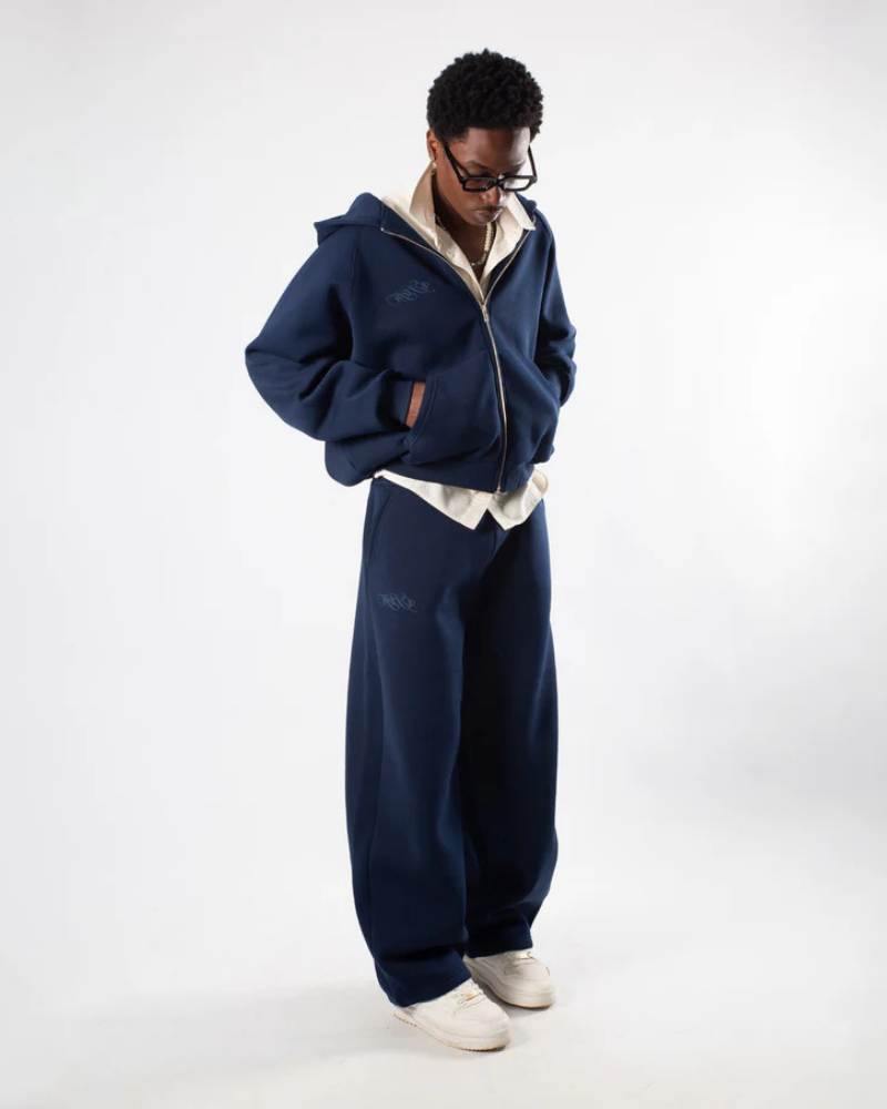 Navy Blue Raglan Sleeve Full-Zip Hoodie with Chest