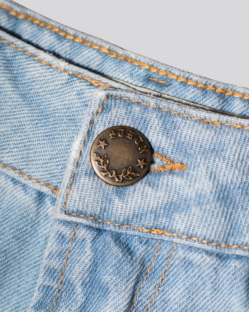 Light Blue Denim Wide Leg Jeans with Gold Contrast Stitching and Metal Button Closure