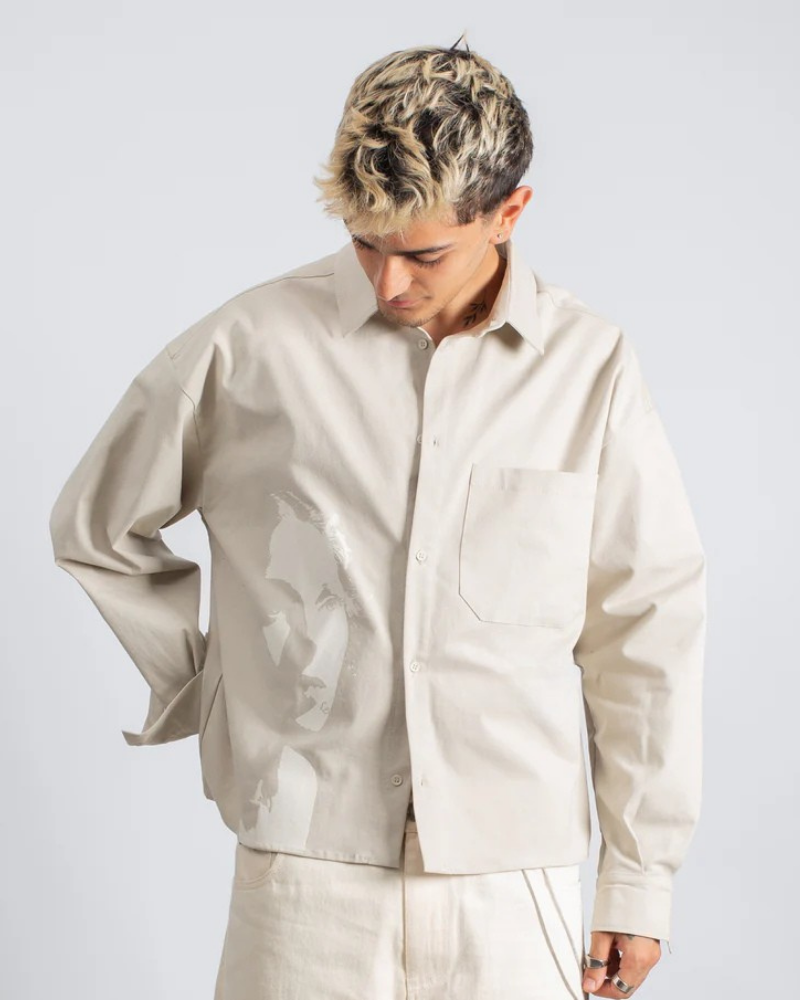 Heavyweight Oversized Button-Up Shirt with Graphic Print - Light Greige