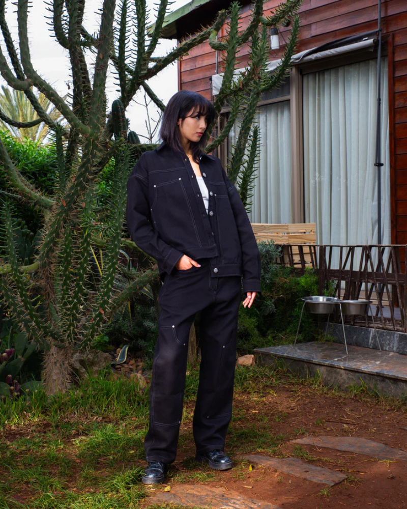 Black Straight-Leg Carpenter Pants with Contrast Stitching and Rivet Details