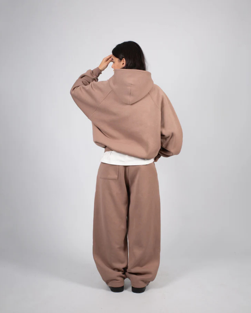 Light Tobacco Full-Zip Hoodie with Ribbed Trim and Chest Detail